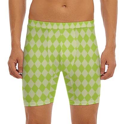 Green Harlequin Pattern Print Men's Long Boxer Briefs