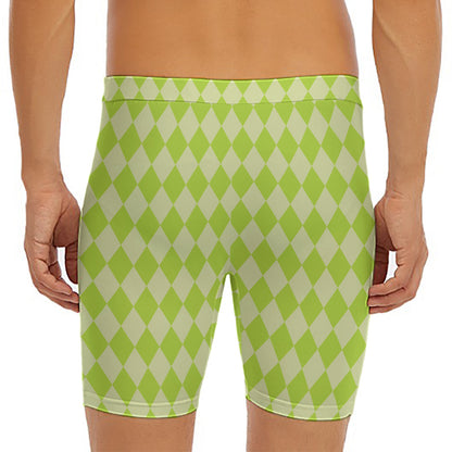 Green Harlequin Pattern Print Men's Long Boxer Briefs
