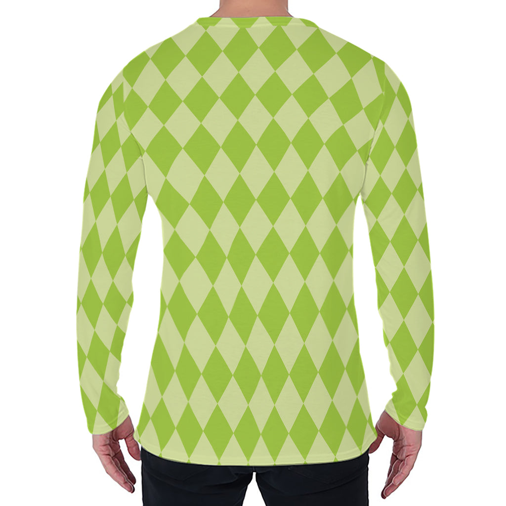 Green Harlequin Pattern Print Men's Long Sleeve T-Shirt