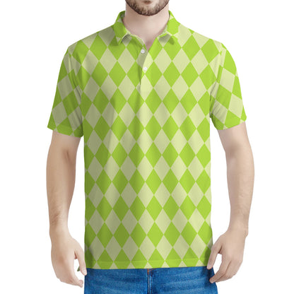 Green Harlequin Pattern Print Men's Polo Shirt