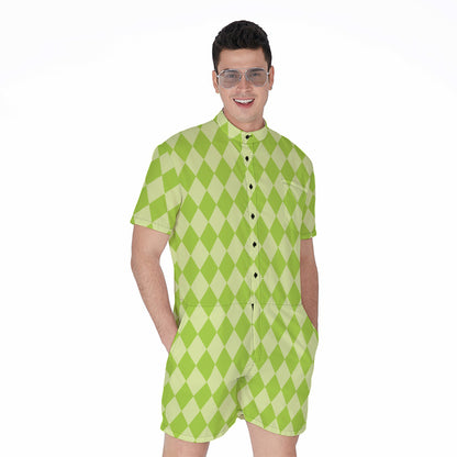 Green Harlequin Pattern Print Men's Rompers