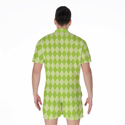 Green Harlequin Pattern Print Men's Rompers