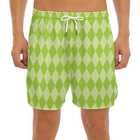 Green Harlequin Pattern Print Men's Split Running Shorts