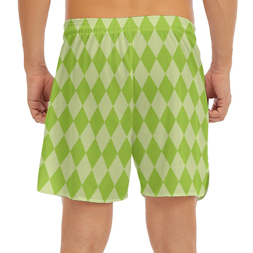 Green Harlequin Pattern Print Men's Split Running Shorts