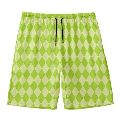 Green Harlequin Pattern Print Men's Swim Trunks