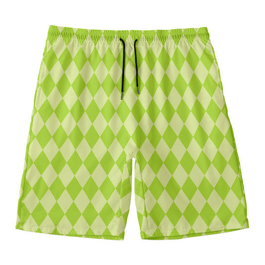 Green Harlequin Pattern Print Men's Swim Trunks