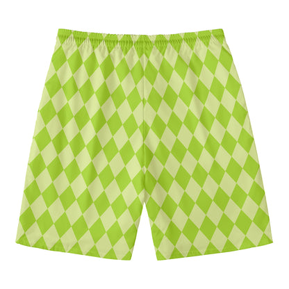 Green Harlequin Pattern Print Men's Swim Trunks