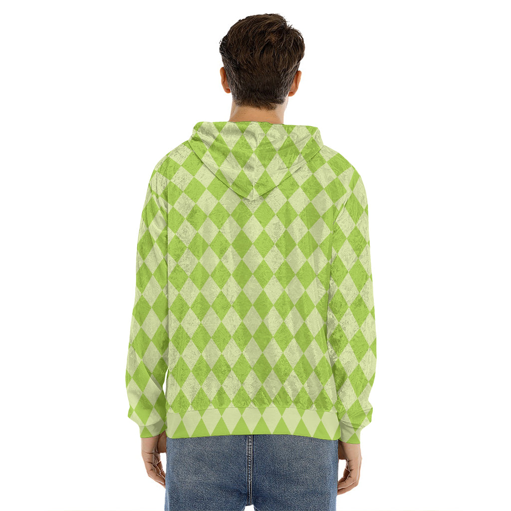 Green Harlequin Pattern Print Men's Velvet Pullover Hoodie