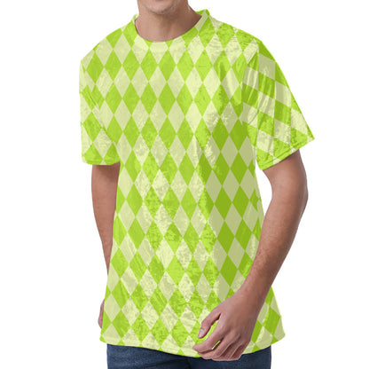 Green Harlequin Pattern Print Men's Velvet T-Shirt
