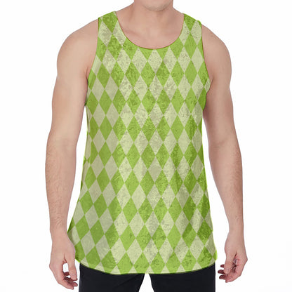 Green Harlequin Pattern Print Men's Velvet Tank Top
