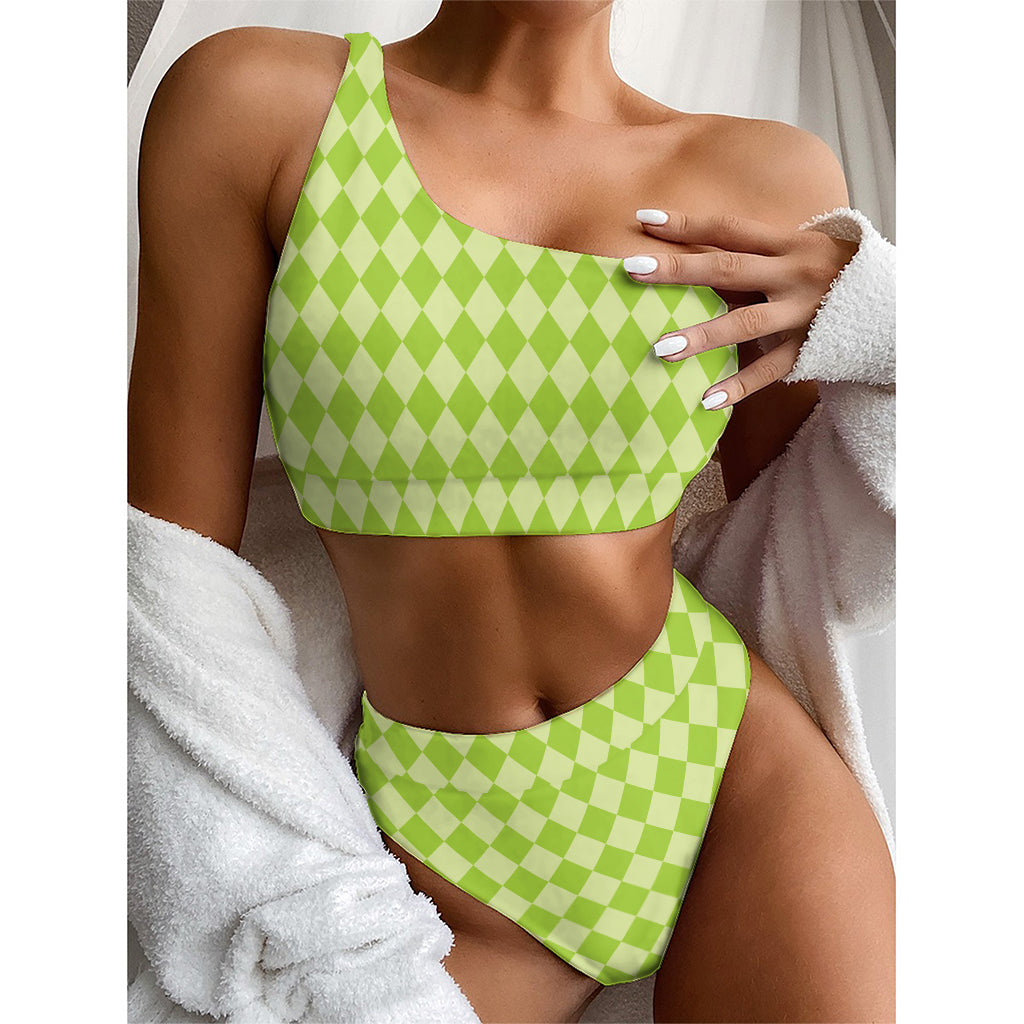 Green Harlequin Pattern Print One Shoulder Bikini Top