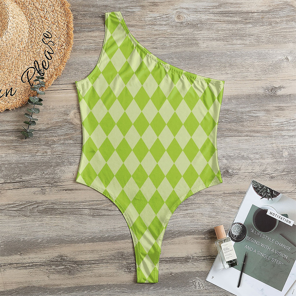 Green Harlequin Pattern Print One Shoulder Bodysuit