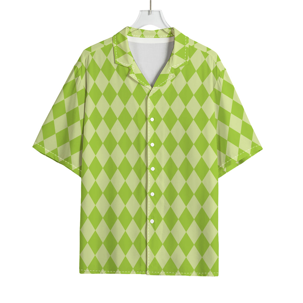 Green Harlequin Pattern Print Rayon Hawaiian Shirt