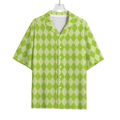 Green Harlequin Pattern Print Rayon Hawaiian Shirt