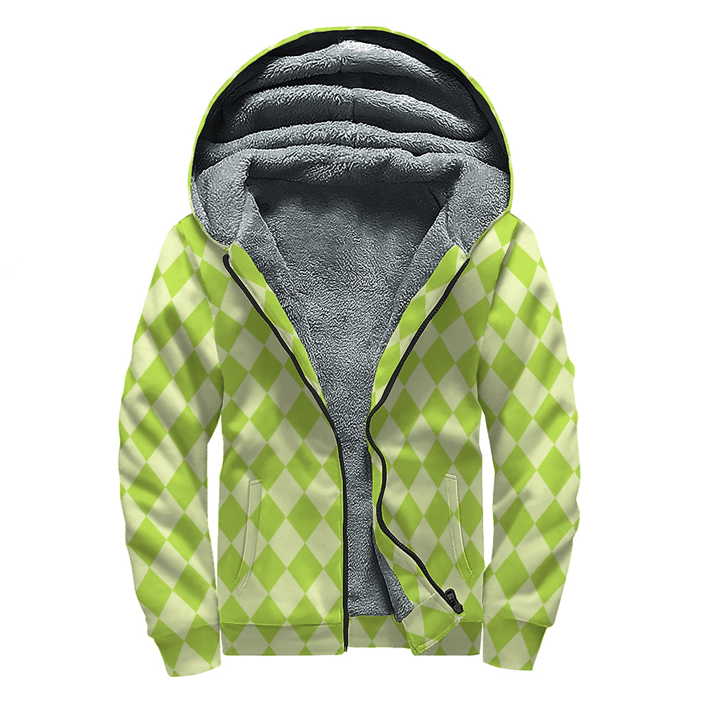 Green Harlequin Pattern Print Sherpa Lined Zip Up Hoodie
