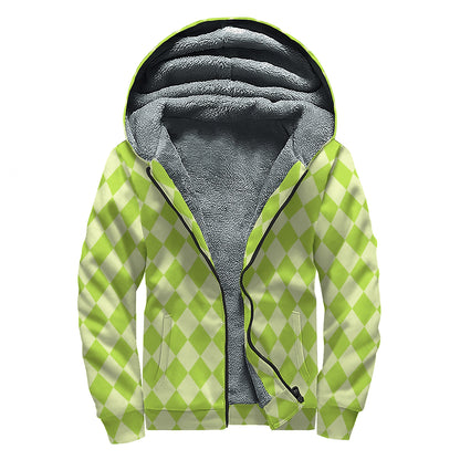 Green Harlequin Pattern Print Sherpa Lined Zip Up Hoodie