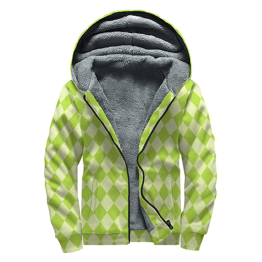 Green Harlequin Pattern Print Sherpa Lined Zip Up Hoodie