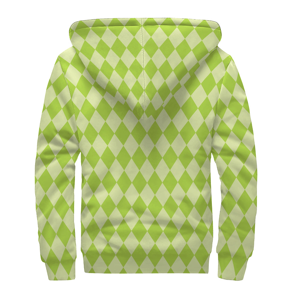 Green Harlequin Pattern Print Sherpa Lined Zip Up Hoodie