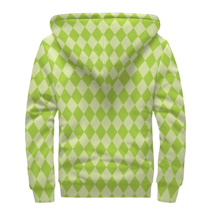Green Harlequin Pattern Print Sherpa Lined Zip Up Hoodie