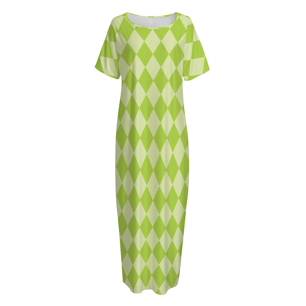 Green Harlequin Pattern Print Short Sleeve Long Nightdress