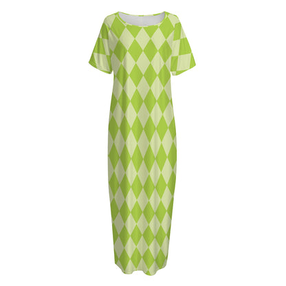 Green Harlequin Pattern Print Short Sleeve Long Nightdress