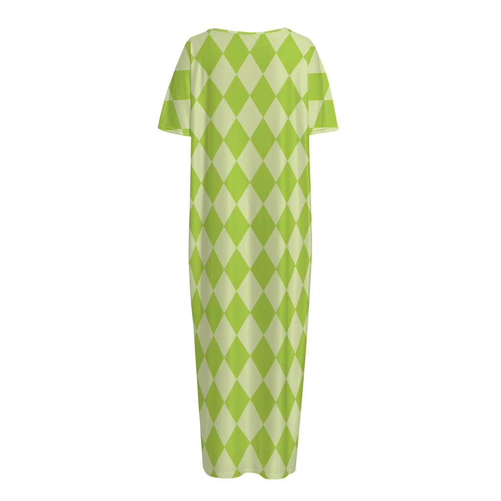 Green Harlequin Pattern Print Short Sleeve Long Nightdress