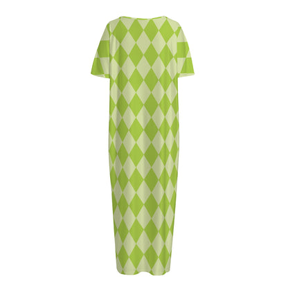 Green Harlequin Pattern Print Short Sleeve Long Nightdress