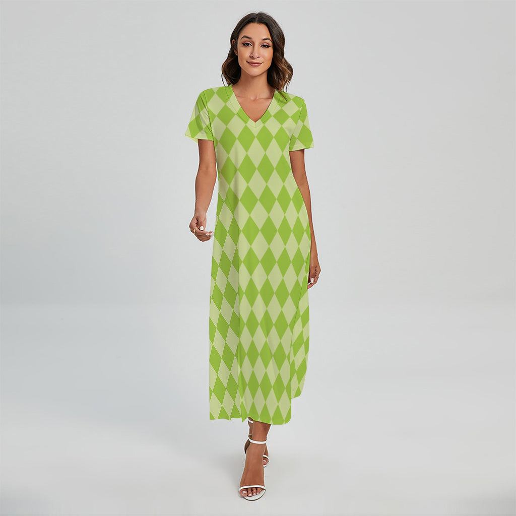 Green Harlequin Pattern Print Short Sleeve Maxi Dress