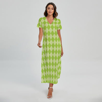 Green Harlequin Pattern Print Short Sleeve Maxi Dress
