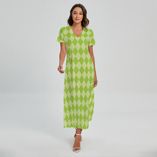 Green Harlequin Pattern Print Short Sleeve Maxi Dress