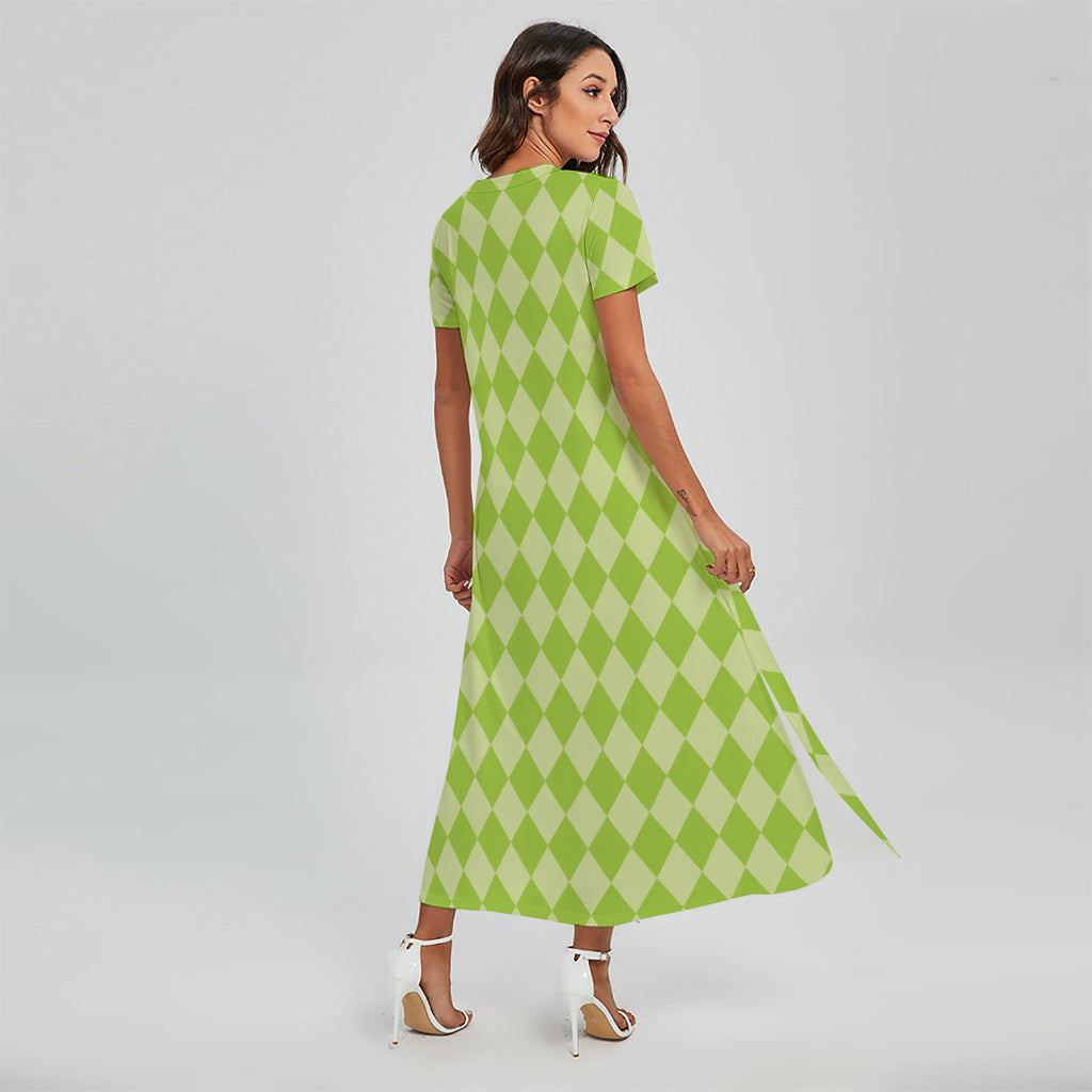Green Harlequin Pattern Print Short Sleeve Maxi Dress