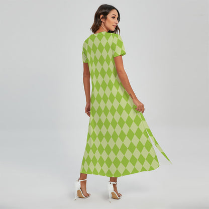 Green Harlequin Pattern Print Short Sleeve Maxi Dress