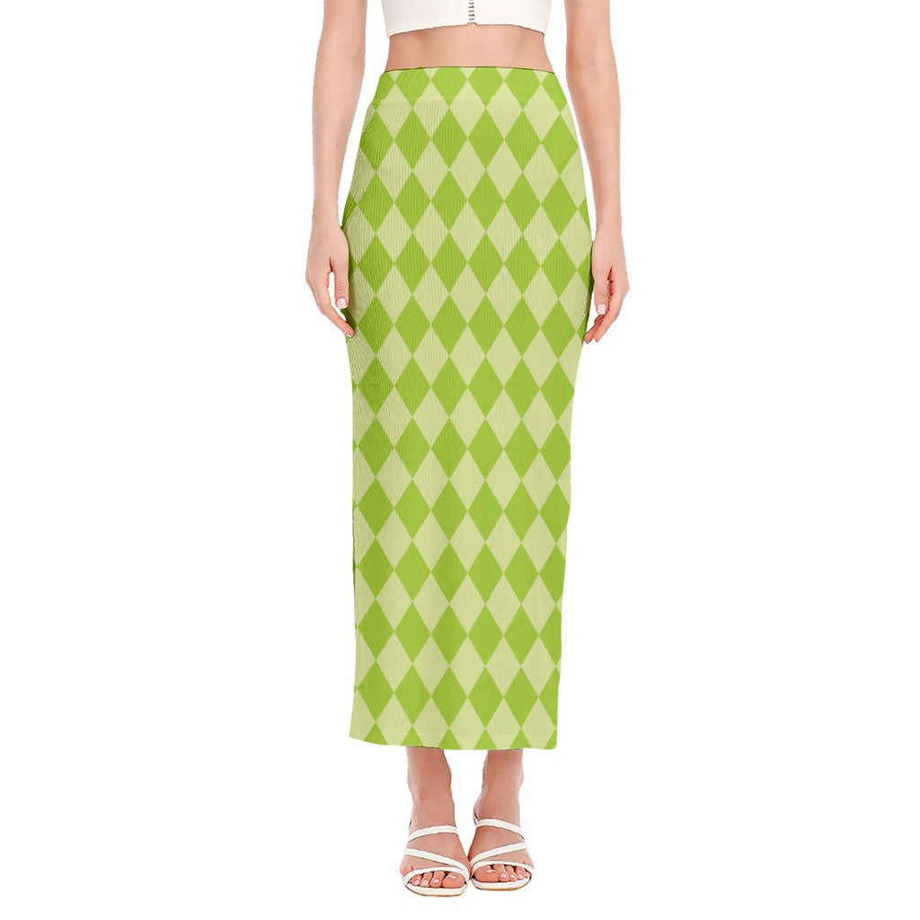 Green Harlequin Pattern Print Side Slit Maxi Skirt
