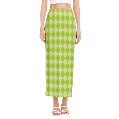 Green Harlequin Pattern Print Side Slit Maxi Skirt