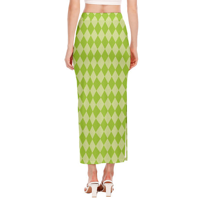 Green Harlequin Pattern Print Side Slit Maxi Skirt