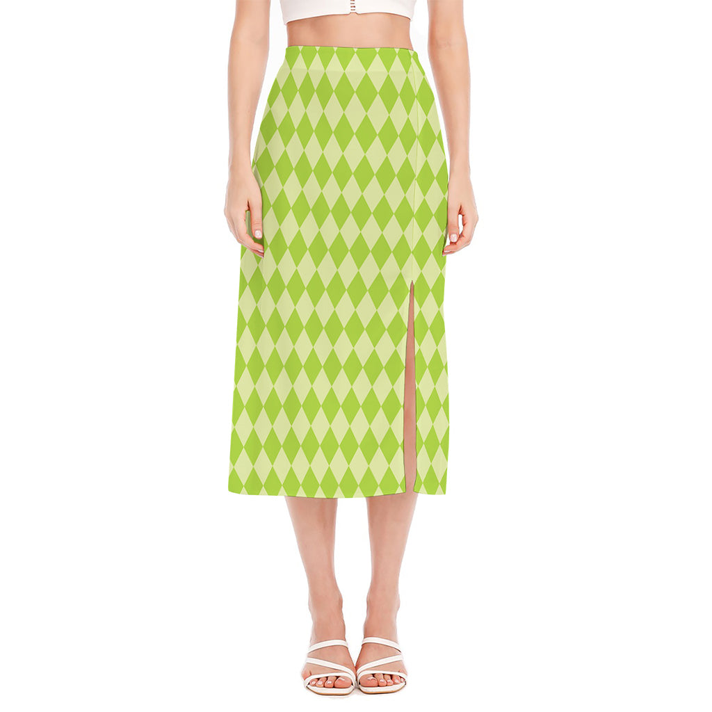 Green Harlequin Pattern Print Side Slit Midi Skirt