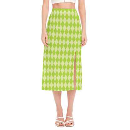 Green Harlequin Pattern Print Side Slit Midi Skirt