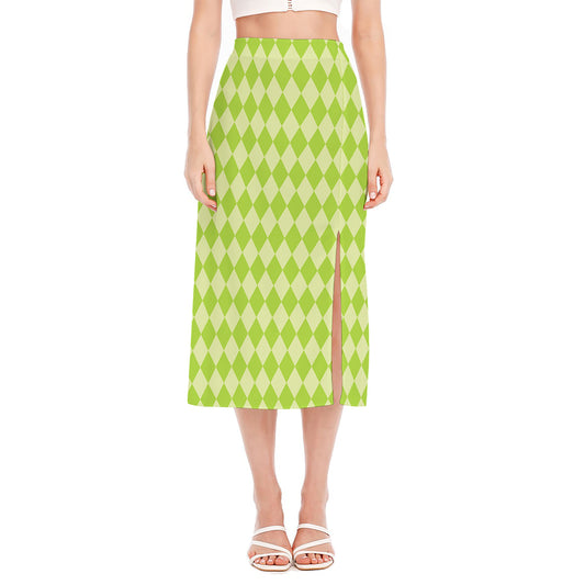 Green Harlequin Pattern Print Side Slit Midi Skirt
