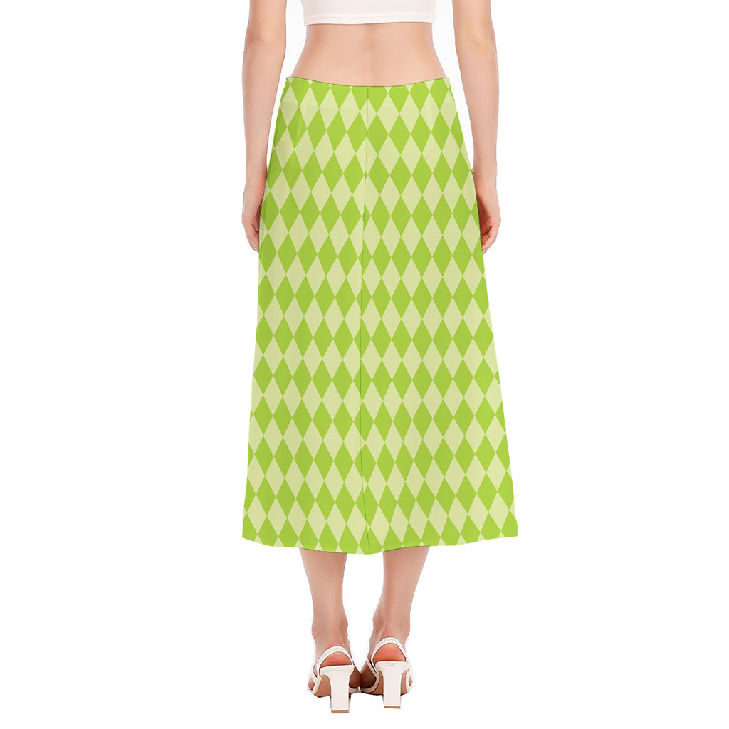 Green Harlequin Pattern Print Side Slit Midi Skirt