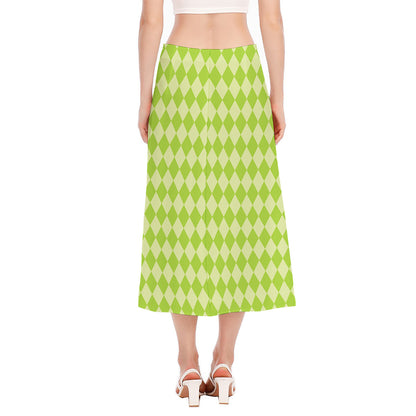 Green Harlequin Pattern Print Side Slit Midi Skirt