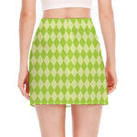 Green Harlequin Pattern Print Side Slit Mini Skirt