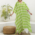 Green Harlequin Pattern Print Silk V-Neck Kaftan Dress
