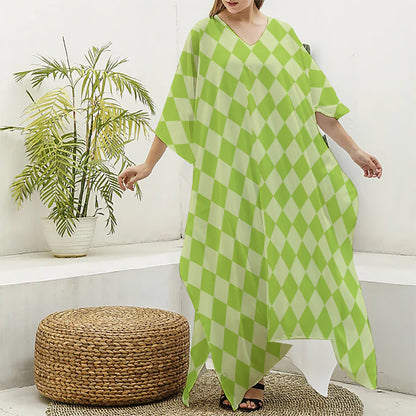 Green Harlequin Pattern Print Silk V-Neck Kaftan Dress