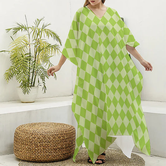 Green Harlequin Pattern Print Silk V-Neck Kaftan Dress