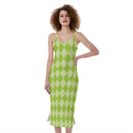 Green Harlequin Pattern Print Slim Fit Midi Cami Dress