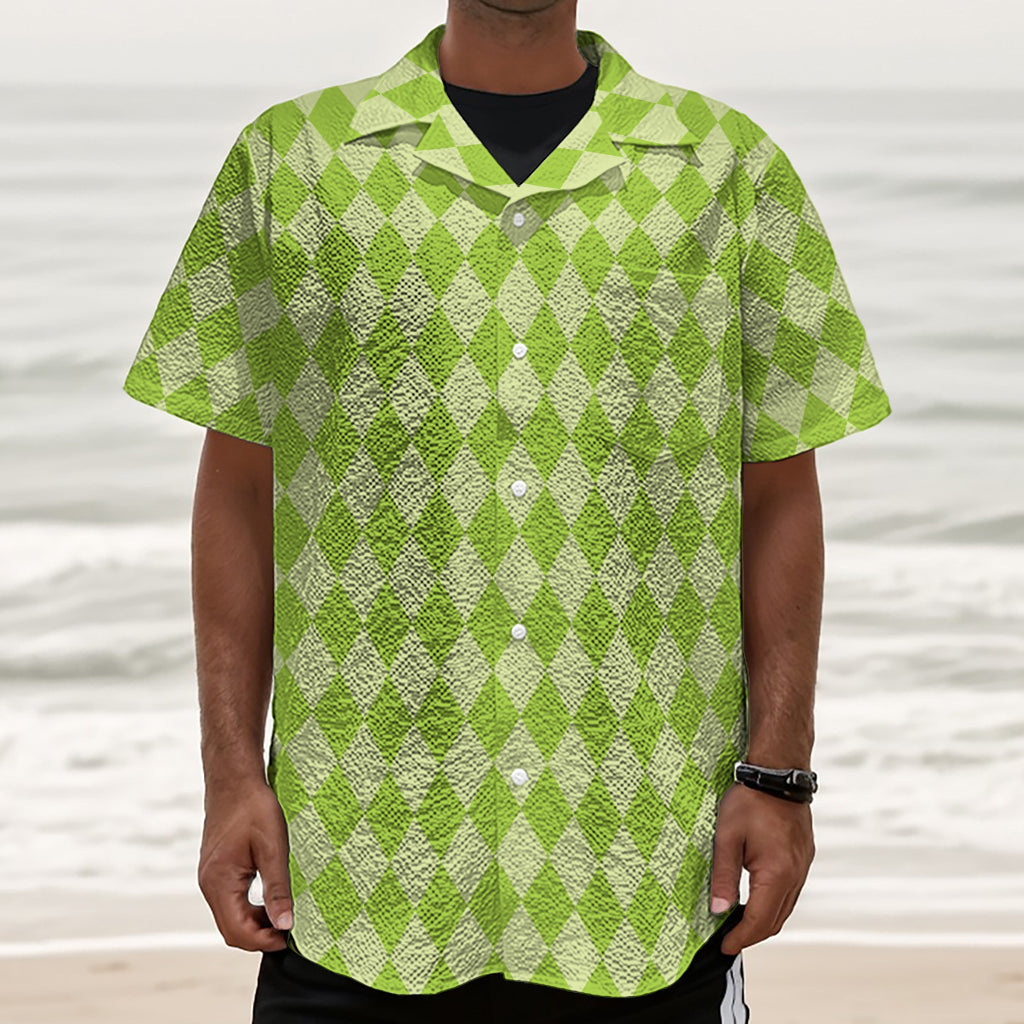 Green Harlequin Pattern Print Textured Short Sleeve Shirt
