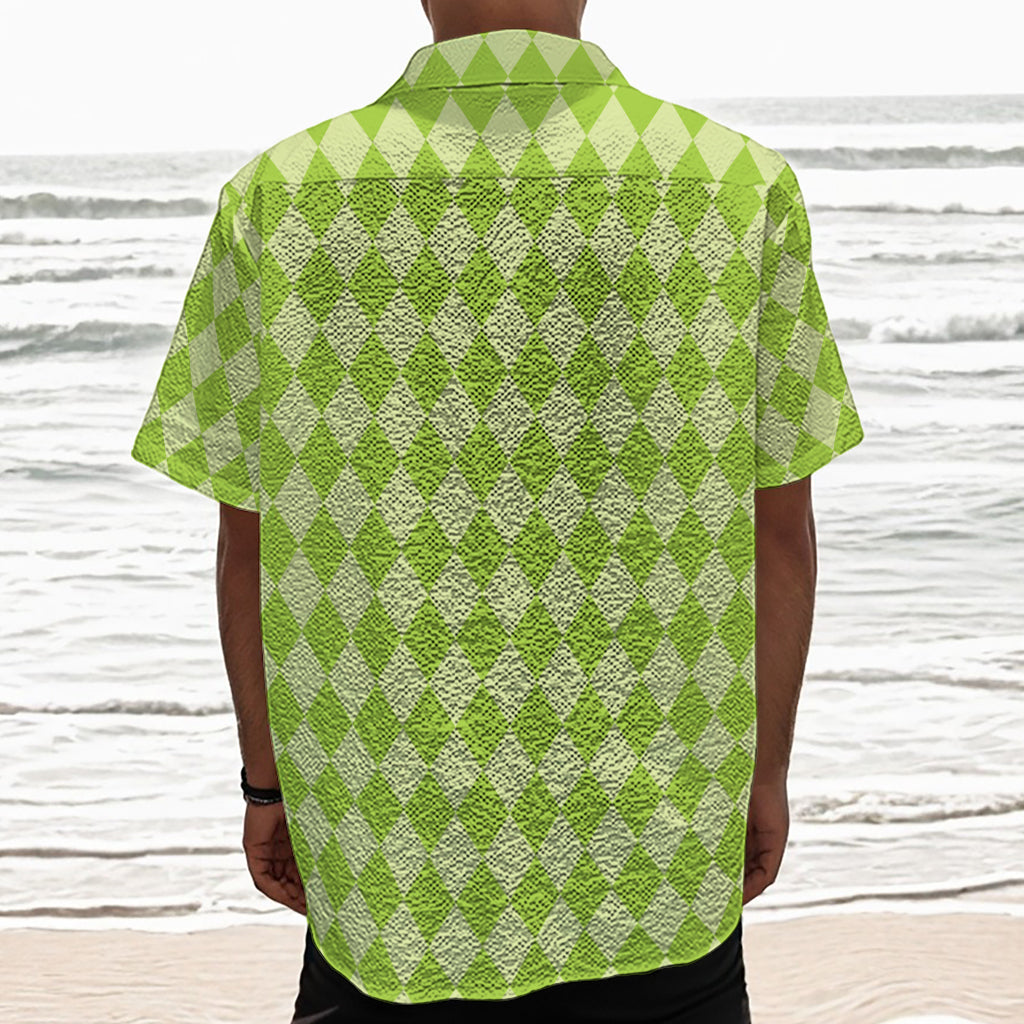 Green Harlequin Pattern Print Textured Short Sleeve Shirt