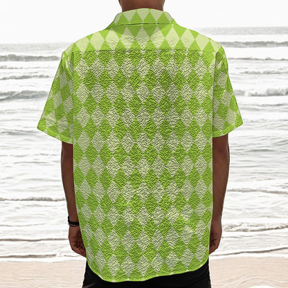 Green Harlequin Pattern Print Textured Short Sleeve Shirt