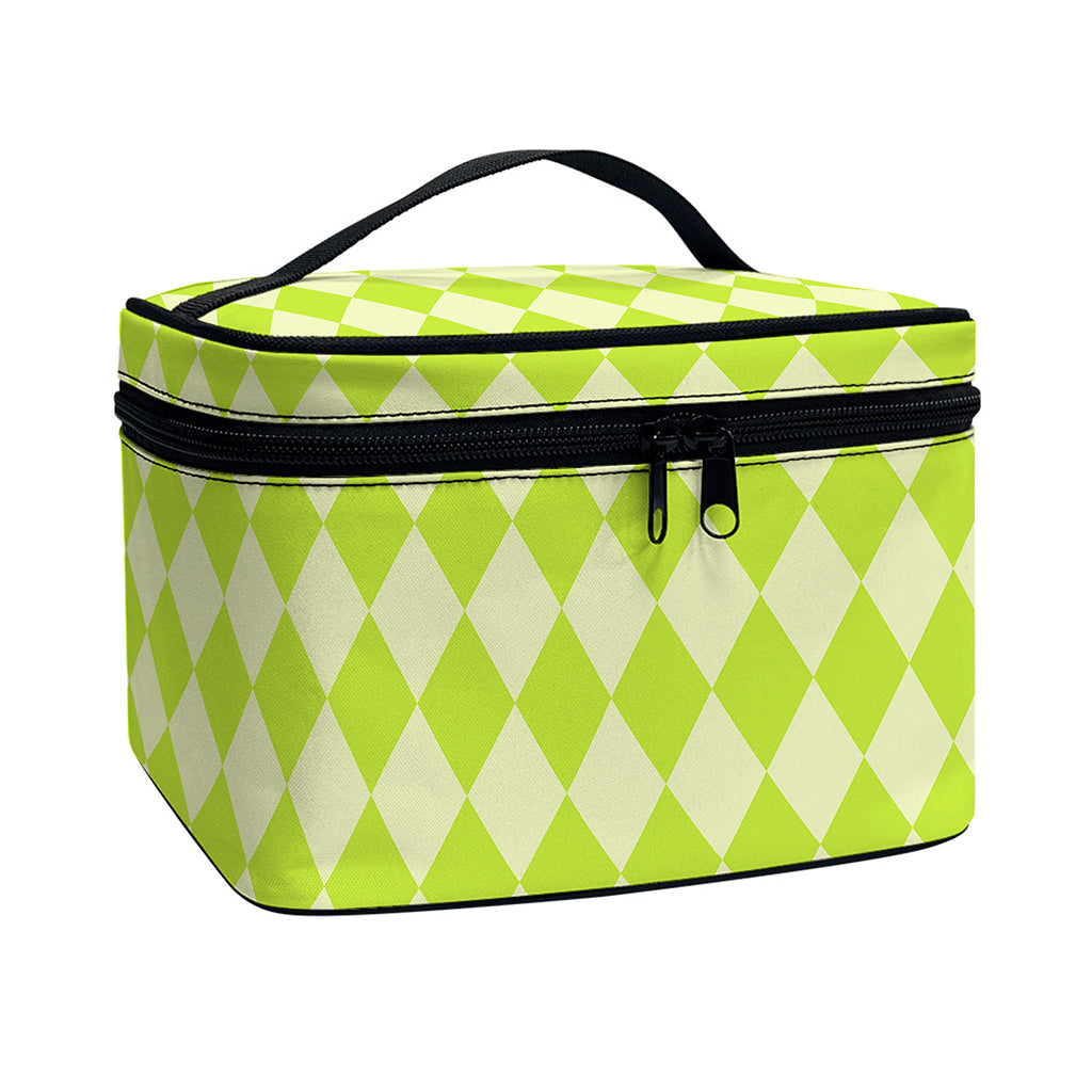 Green Harlequin Pattern Print Travel Makeup Bag