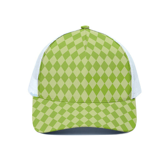 Green Harlequin Pattern Print White Mesh Trucker Cap